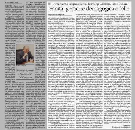 Sanità, gestione demagogica e folle